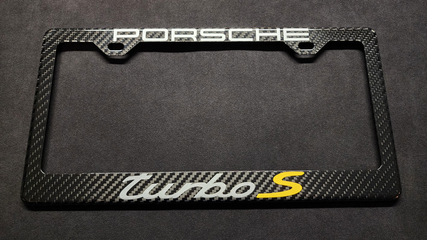 Porsche 911 Turbo or Turbo S or Taycan, Cayenne, Macan Carbon Fiber License Plate Frame w/ Options